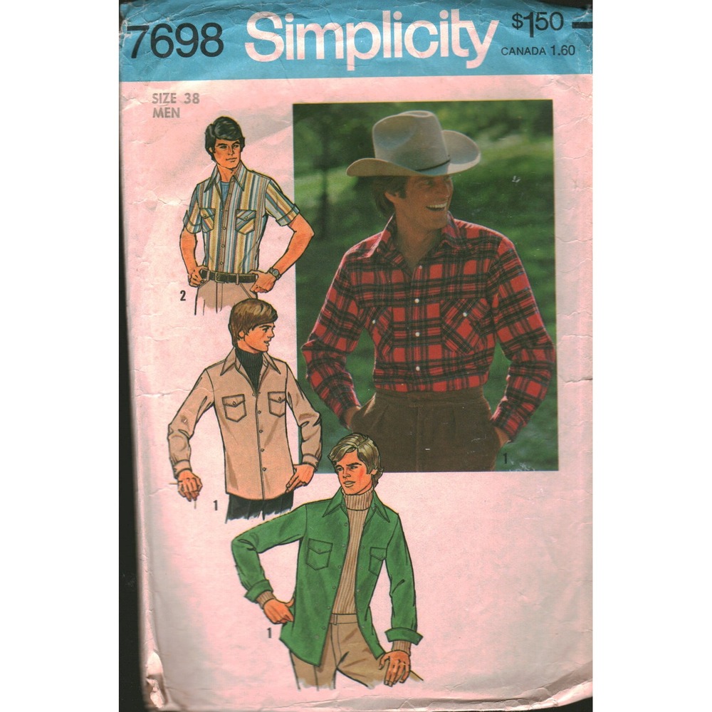 Vintage Simplicity 7698 Mens Western Shirt Sewing‎ Pattern Size 38 Retro 1970s